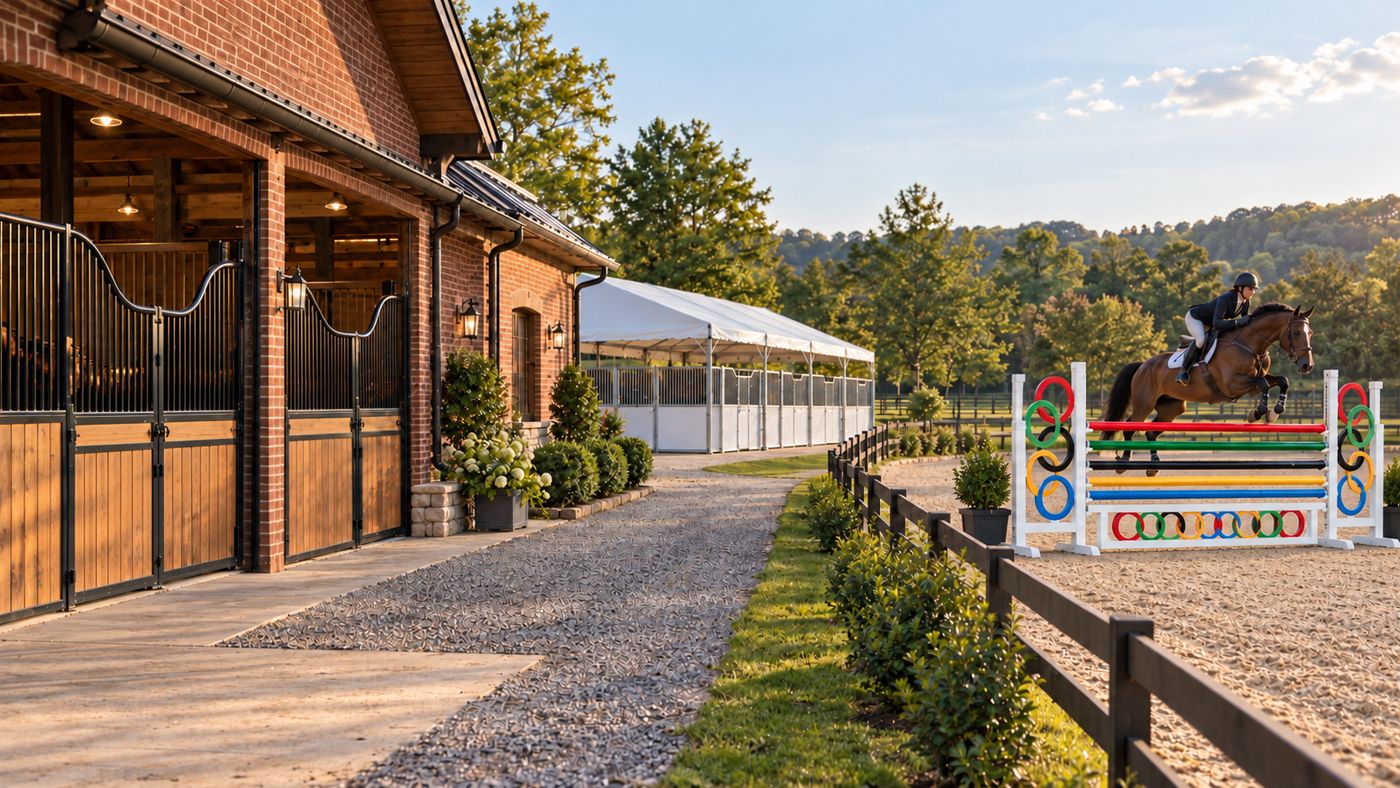 Brick barn with European curved stall fronts, galvanised steel temporary stalls with white PVC panels, and a jumping horse over a colorful ring jump in the separate arena